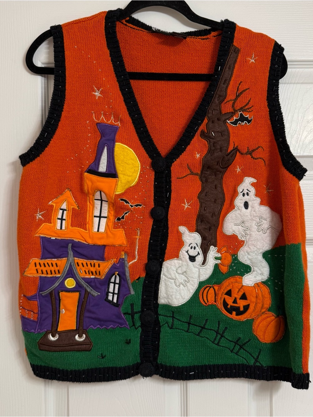 Vintage 90s Holiday Editions Halloween Vest with Ghosts and Haunted House